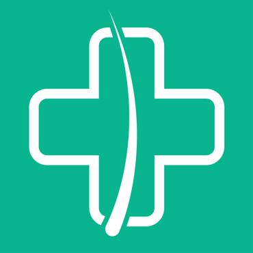 Biały krzyż medyczny z stylizowanym włosem wewnątrz na jednolitym turkusowym tle, logo kliniki trychologicznej.