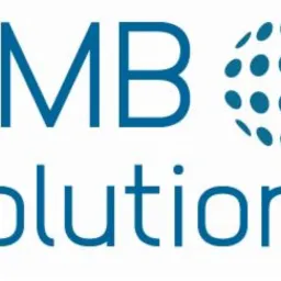Niebieskie logo firmy KMB Solutions z abstrakcyjnym symbolem kuli złożonej z kropek.