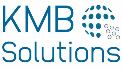 Niebieskie logo firmy KMB Solutions z abstrakcyjnym symbolem kuli złożonej z kropek.
