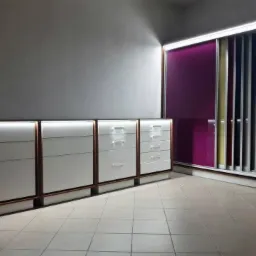 Białe komody z oświetleniem LED i brązowymi obramowaniami, obok ekspozytor z próbkami kolorów i materiałów na tle szarej ściany i jasnej podłogi z płytek.