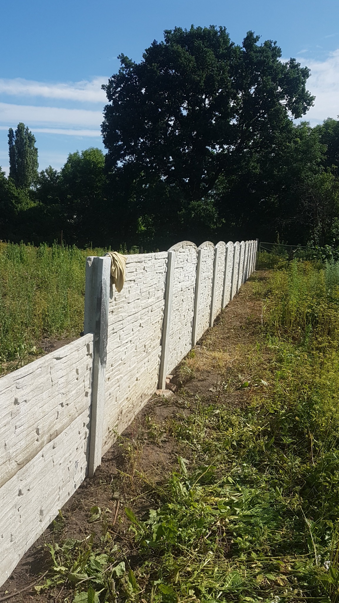 Długi, ozdobny płot z betonowych elementów imitujących kamień, biegnący przez zarośnięty teren w słoneczny dzień. Na jednym ze słupków wisi robocza szmatka.