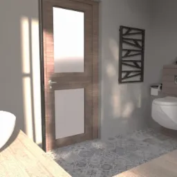 Wizualizacja łazienki z drewnopodobną zabudową toalety, dekoracyjną grzejnikową drabinką i wzorzystą podłogą, oświetlona promieniami słońca padającymi przez okno.