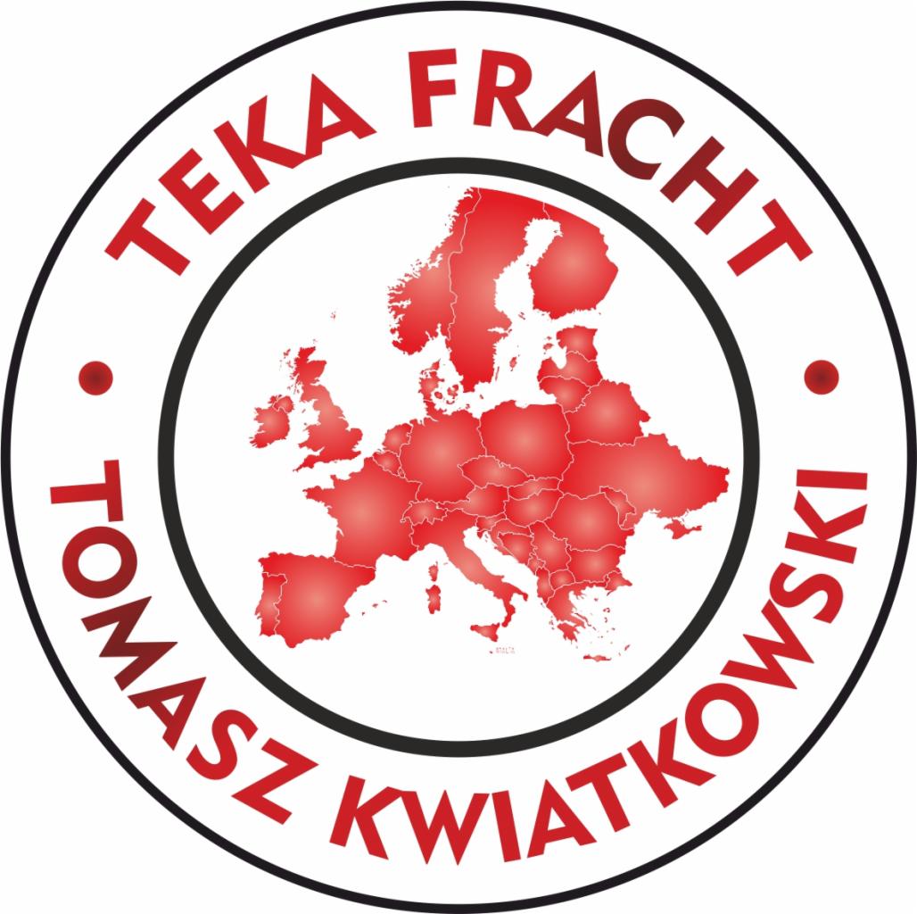 Logo firmy TEKA FRACHT Tomasz Kwiatkowski z mapą Europy w kolorze czerwonym wewnątrz okręgu.