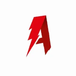 Czerwone logo w kształcie litery A z symbolem błyskawicy, na białym tle.