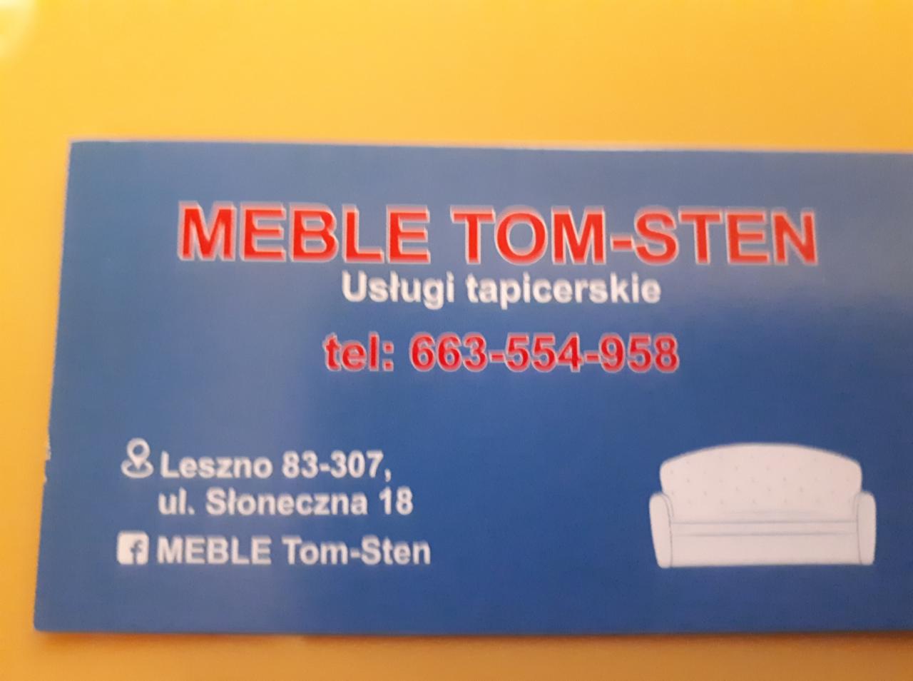 Wizytówka firmy MEBLE TOM-STEN oferującej usługi tapicerskie, z numerem telefonu i adresem w Lesznie, na niebieskim tle z czerwonymi napisami i ikoną sofy.