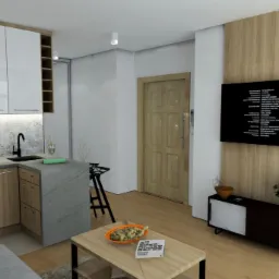 Wizualizacja małej kuchni z białymi szafkami górnymi i drewnianymi dolnymi, szarym blatem oraz salonu z drewnianą ścianą z telewizorem i stolikiem kawowym z przekąskami.