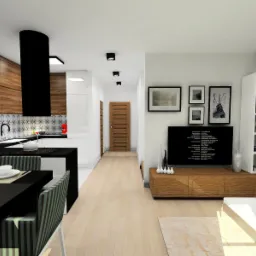 Wizualizacja wnętrza: kuchnia z drewnianymi szafkami, czarnym okapem i wzorzystymi płytkami nad blatem, połączona z salonem z drewnianą komodą pod telewizorem i białym regałem na książki.