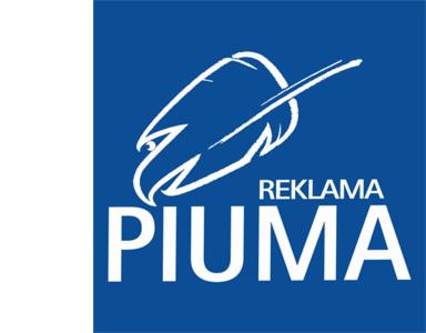 Niebieskie logo firmy reklamowej z motywem pióra i napisem 'REKLAMA PIUMA'.