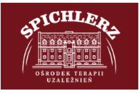 Logo ośrodka terapii uzależnień 'Spichlerz' na bordowym tle, z stylizowanym rysunkiem budynku w kolorze białym.