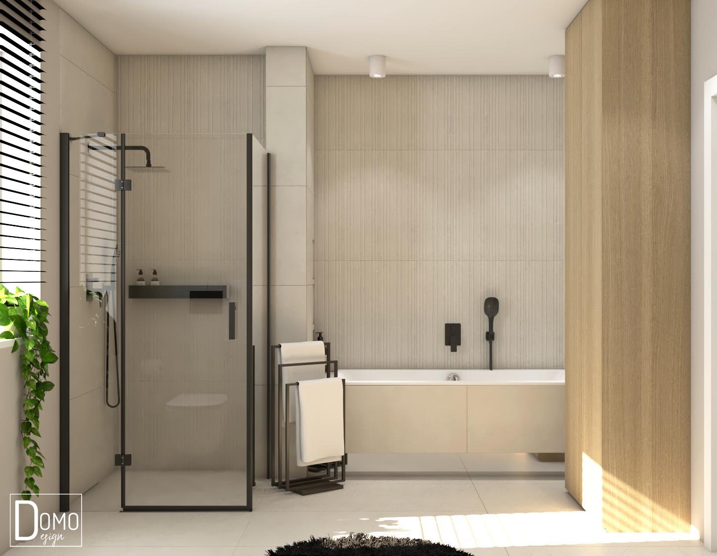 Nowoczesna łazienka z kabiną prysznicową typu walk-in z czarnymi ramami, beżowymi płytkami ściennymi, wolnostojącą wanną, drewnianym panelem ściennym i czarnym dywanikiem.