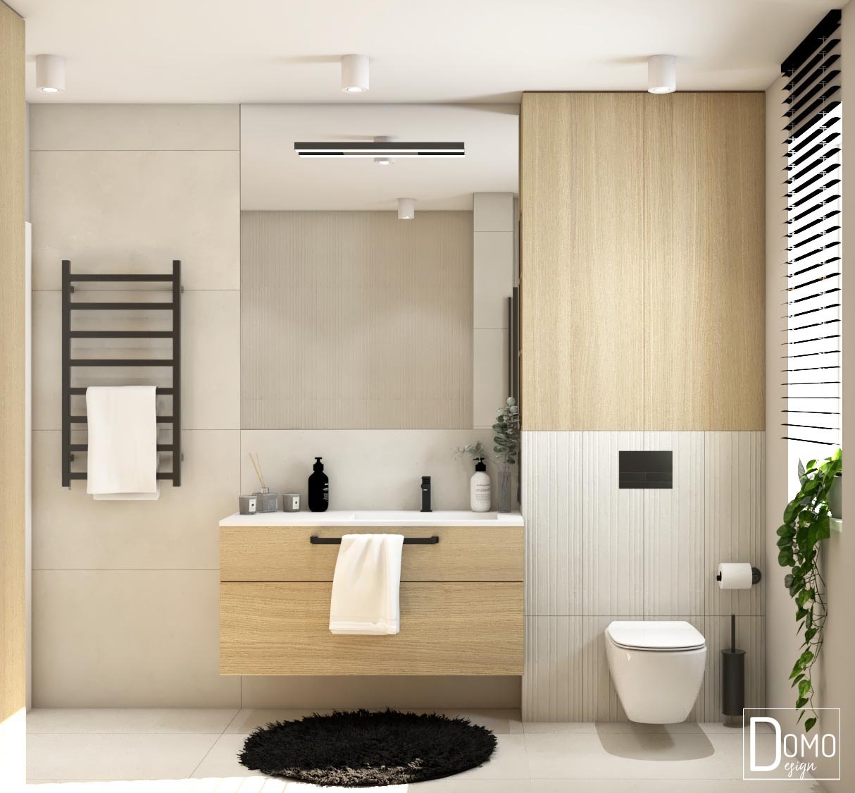 Nowoczesna łazienka z drewnianymi akcentami: szafka pod umywalką z dwoma szufladami, czarny grzejnik drabinkowy z białym ręcznikiem, okrągły czarny dywanik, toaleta wisząca i roślina doniczkowa...
