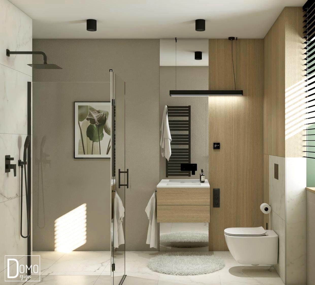 Nowoczesna łazienka z kabiną prysznicową typu walk-in, umywalką z drewnianą szafką, podświetlanym lustrem i wiszącą toaletą, wykończona w bieli, beżu i drewnie, z okrągłym dywanikiem...