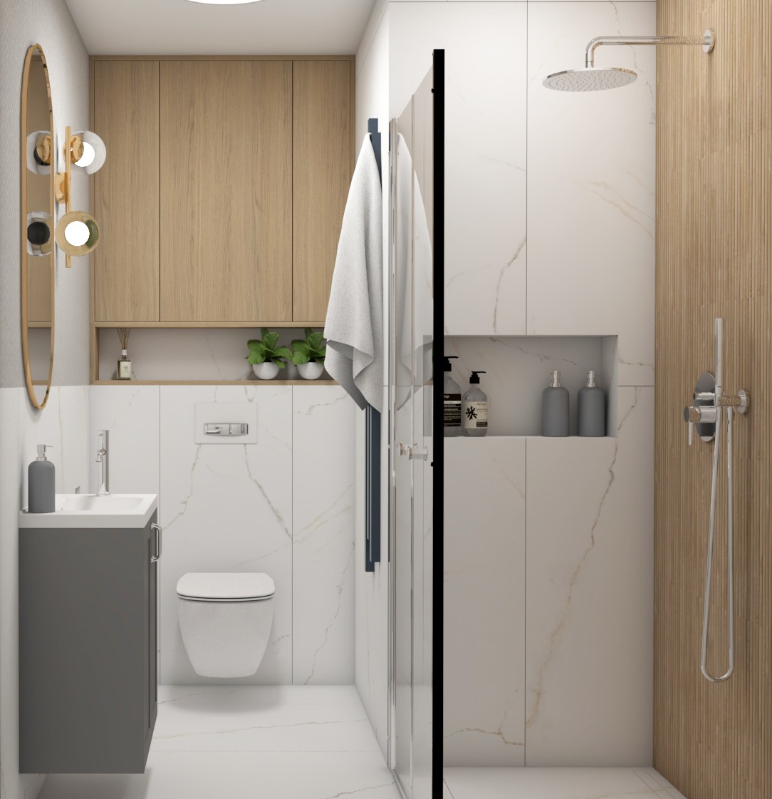 Wizualizacja nowoczesnej łazienki z kabiną prysznicową typu walk-in, umywalką z szafką w kolorze grafitowym, toaletą podwieszaną i drewnianymi szafkami wiszącymi; złote akcenty w postaci lustra...