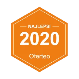 Pomarańczowa odznaka Oferteo z napisem 'Najlepsi 2020' w białej obwódce w kształcie domu.