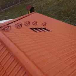 Czerwona dach&oacute;wka ceramiczna z zamontowanymi wywietrznikami dachowymi i otworem wentylacyjnym, widok z g&oacute;ry na tle zieleni.