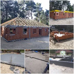 Kompozycja zdjęć z budowy domu: stan surowy z drewnianą konstrukcją dachu, fragmenty ścian z czerwonej cegły, wylany fundament z wystającymi prętami, wykopane rowy pod fundamenty z czarną folią...