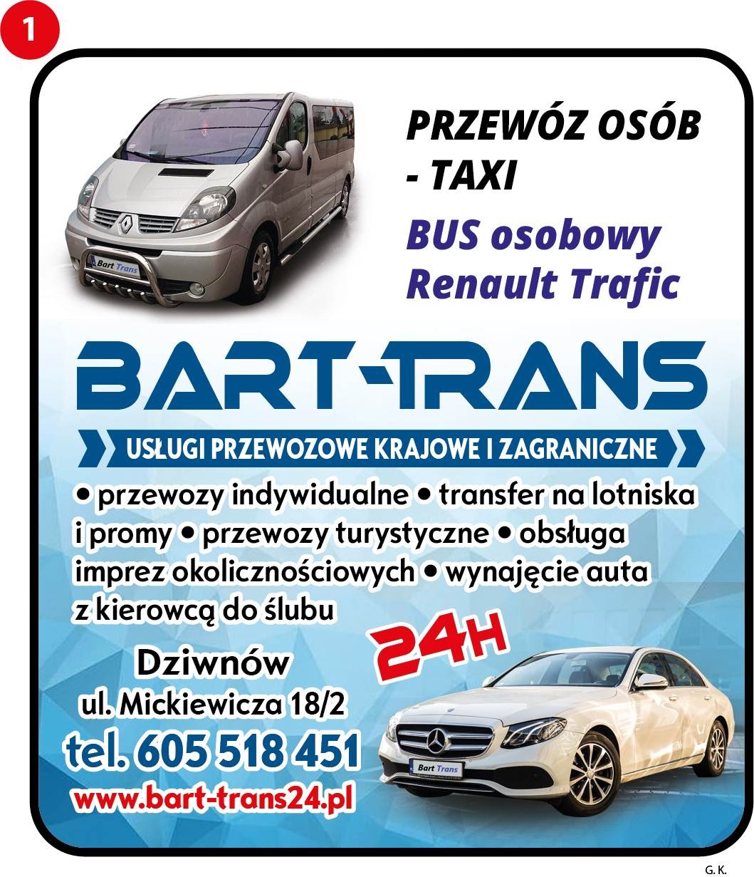 Reklama firmy Bart-Trans oferującej przewóz osób, z wizualizacją srebrnego Renault Trafic i białego Mercedesa, oraz informacjami kontaktowymi i zakresem usług.