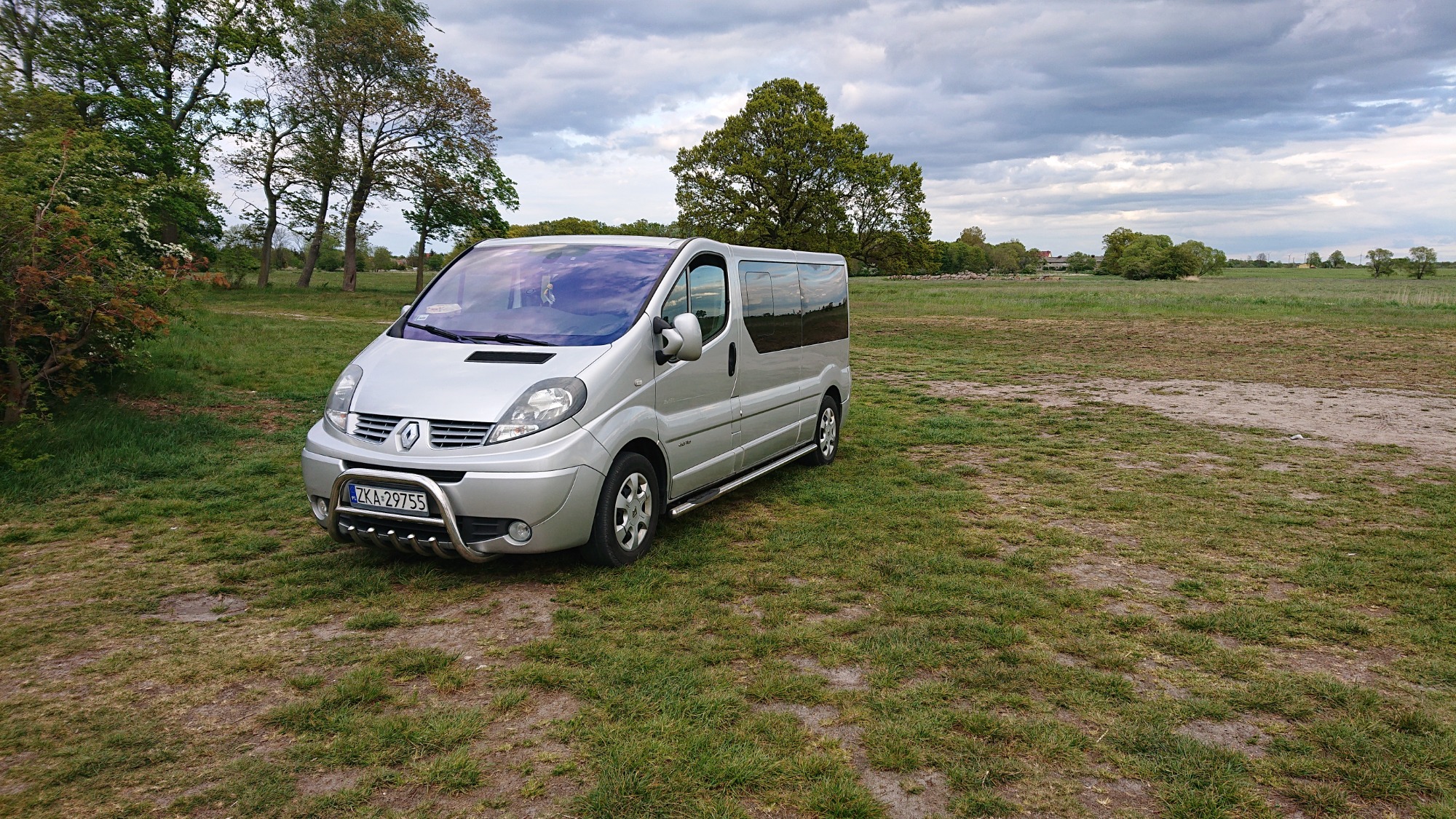 Srebrny van Renault Trafic z relingami dachowymi i orurowaniem przedniego zderzaka, zaparkowany na trawiastym terenie z drzewami w tle, pochmurne niebo.