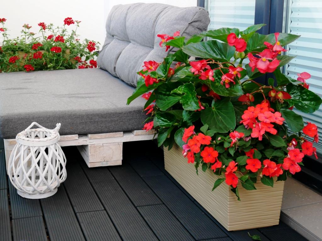 Balkon z siedziskiem z palet, szarą poduszką i donicą z czerwonymi kwiatami oraz białą latarenką.