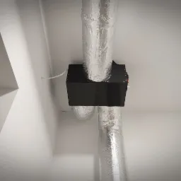 Czarna centrala wentylacyjna z aluminiowymi przewodami wentylacyjnymi zamontowana pod sufitem w rogu jasnego pomieszczenia z widocznym fragmentem okna.