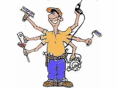 Karykatura uśmiechniętego mężczyzny z sześcioma rękami, trzymającego różne narzędzia: szpachelkę, piłę ręczną, wiertarkę, wałek do malowania i piłę tarczową.