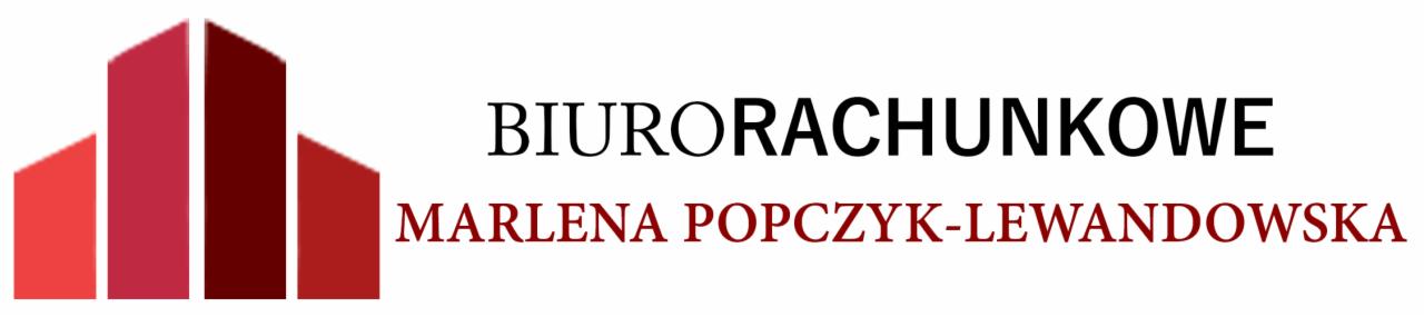 Logo firmy z abstrakcyjnym symbolem budynków w odcieniach czerwieni i nazwą 'BIURORACHUNKOWE Marlena Popczyk-Lewandowska'.