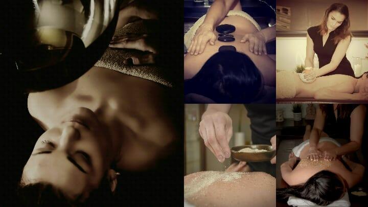 Mozaika zdjęć przedstawiająca różne zabiegi relaksacyjne: masaż gorącymi kamieniami, masaż peelingujący i masaż relaksacyjny z olejkami aromaterapeutycznymi.