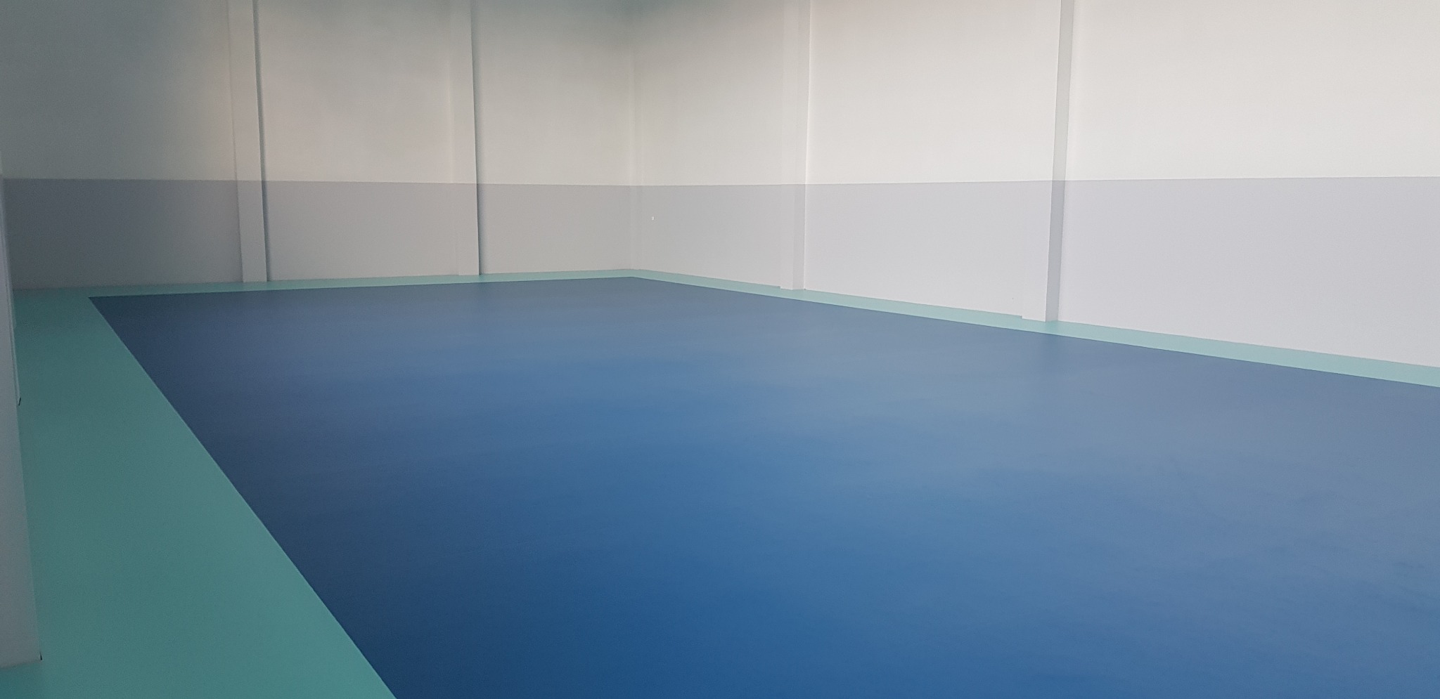 Niebieska wykładzina sportowa z zielonym obrzeżem w jasnym pomieszczeniu, widok na gładką powierzchnię i ściany.