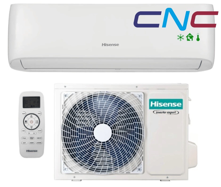 Biała klimatyzacja Hisense typu split z jednostką zewnętrzną i pilotem, widoczne logo CNC w rogu.