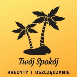 Grafika z dwoma palmami na bezludnej wyspie, hasło 'Twój Spokój' oraz napis 'Kredyty i Oszczędzanie' na gradientowym, pomarańczowo-żółtym tle.