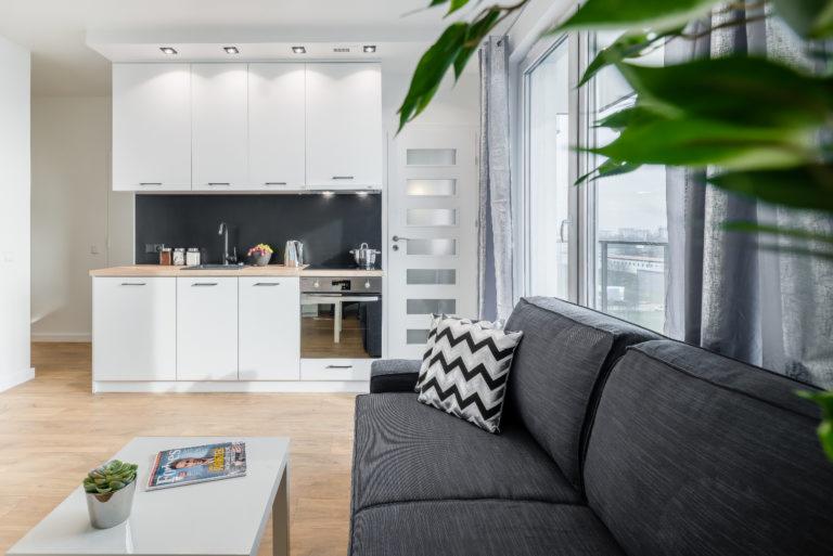 Nowoczesna kuchnia w aneksie z białymi szafkami, czarnym panelem nad blatem, drewnianym blatem, szarą sofą z zygzakowatą poduszką i stolikiem kawowym z sukulentem.