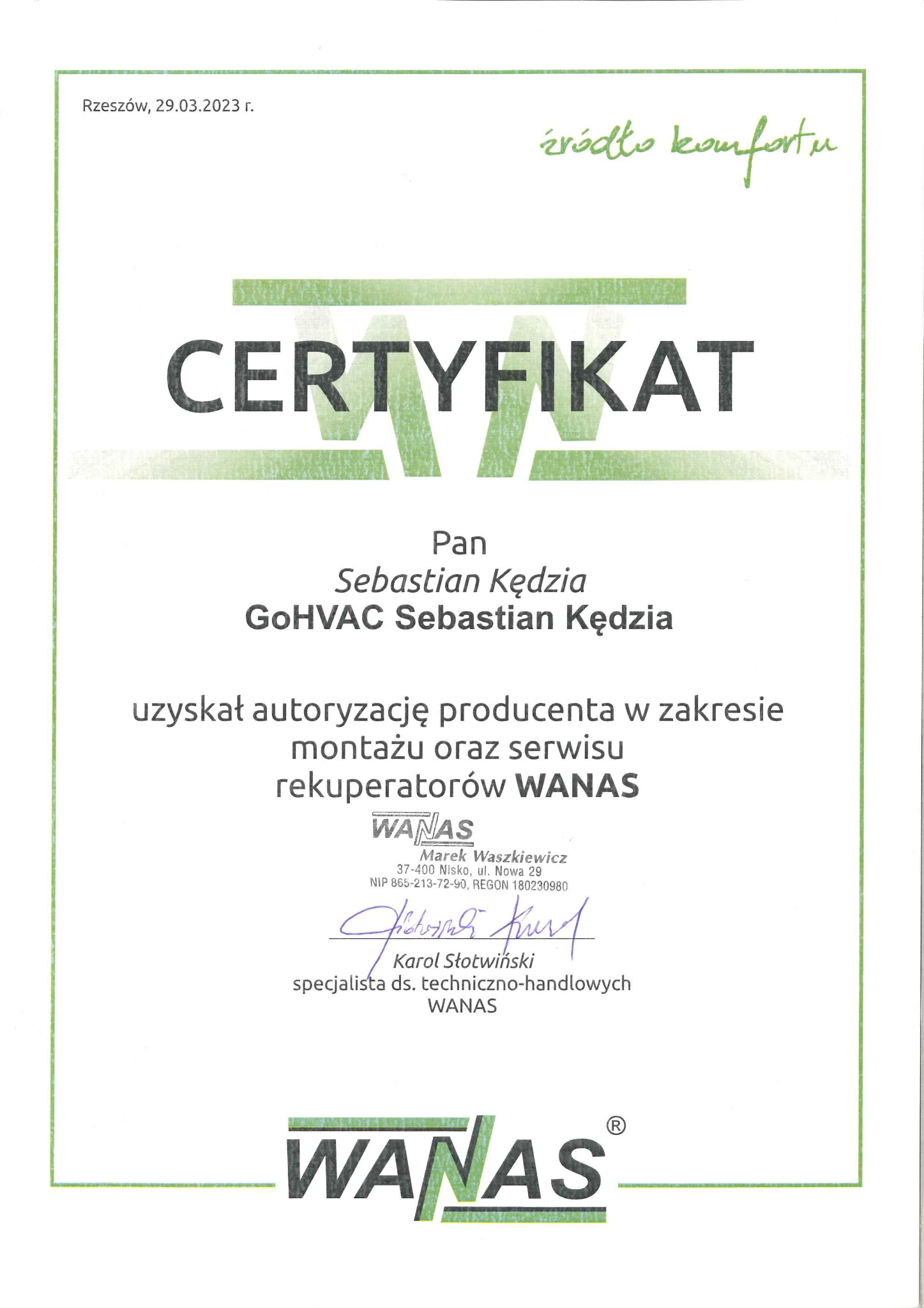 Certyfikat autoryzacji montażu i serwisu rekuperatorów WANAS dla Sebastian Kędzia (GoHVAC). Dokument z datą 29.03.2023, podpisany przez specjalistę ds. techniczno-handlowych.