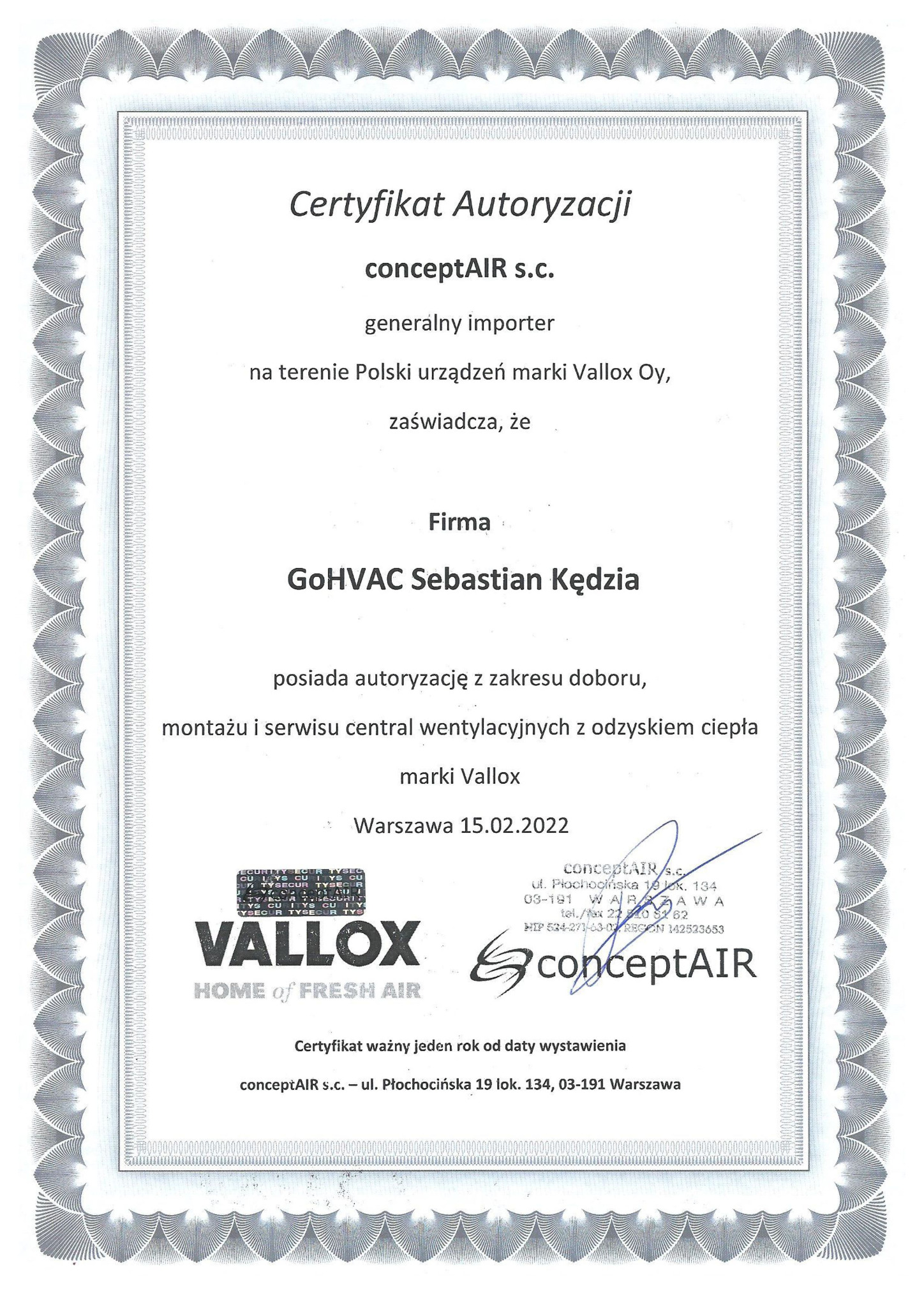 Certyfikat autoryzacji firmy GoHVAC Sebastian Kędzia na montaż i serwis wentylacji marki Vallox, wystawiony przez conceptAIR s.c. z datą 15.02.2022.