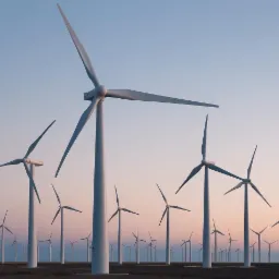 Pole wiatraków turbin wiatrowych o zachodzie słońca, widoczne liczne białe konstrukcje z trzema śmigłami, oddalające się w perspektywie, na tle błękitno-różowego nieba.