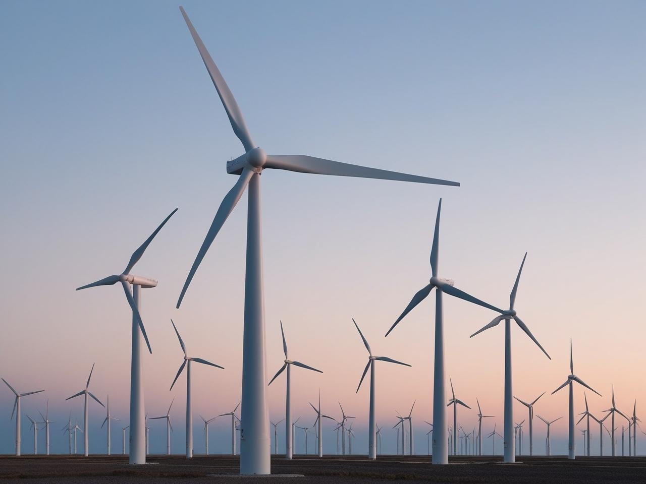 Pole wiatraków turbin wiatrowych o zachodzie słońca, widoczne liczne białe konstrukcje z trzema śmigłami, oddalające się w perspektywie, na tle błękitno-różowego nieba.
