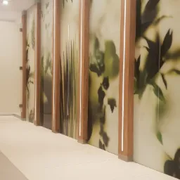 Korytarz biurowy z panelami dekoracyjnymi z motywem roślinnym, podświetlonymi drewnianymi listwami i jasną podłogą z płytek.