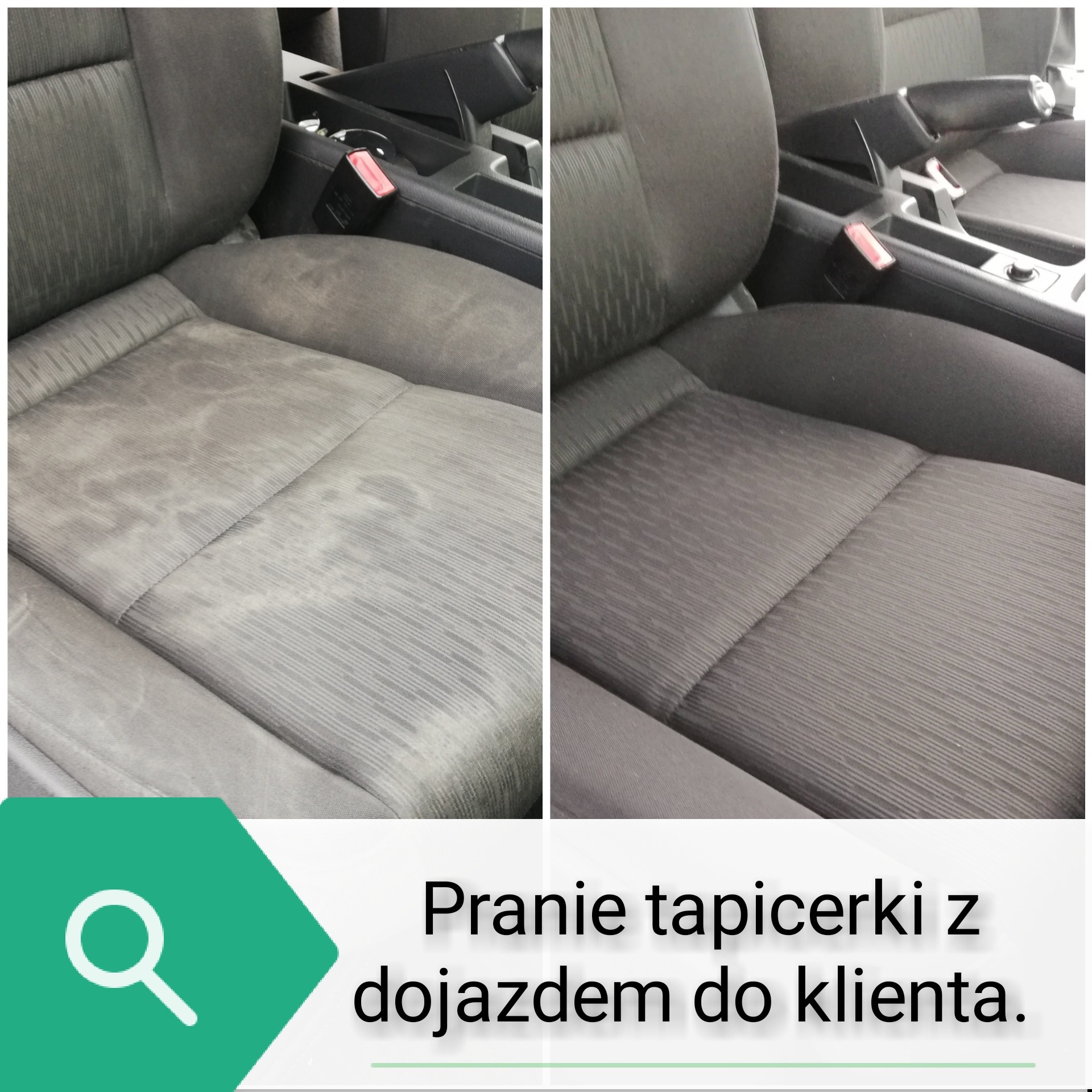 Porównanie fotela samochodowego przed i po praniu tapicerki, widoczne wyraźne usunięcie plam i zabrudzeń.