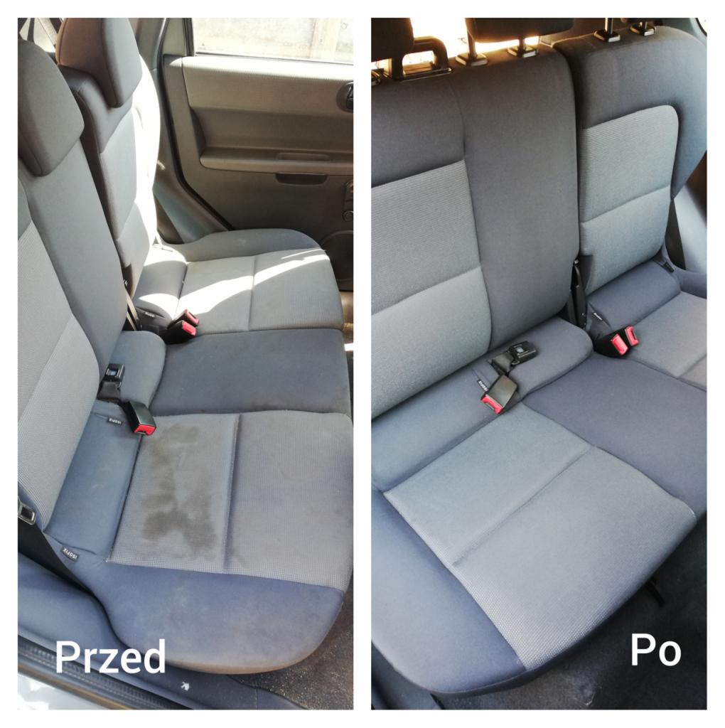 Porównanie tylnej kanapy samochodowej przed i po czyszczeniu tapicerki, widoczne wyraźne różnice w czystości materiału, z lewej strony kanapa z plamami, z prawej czysta i odświeżona.