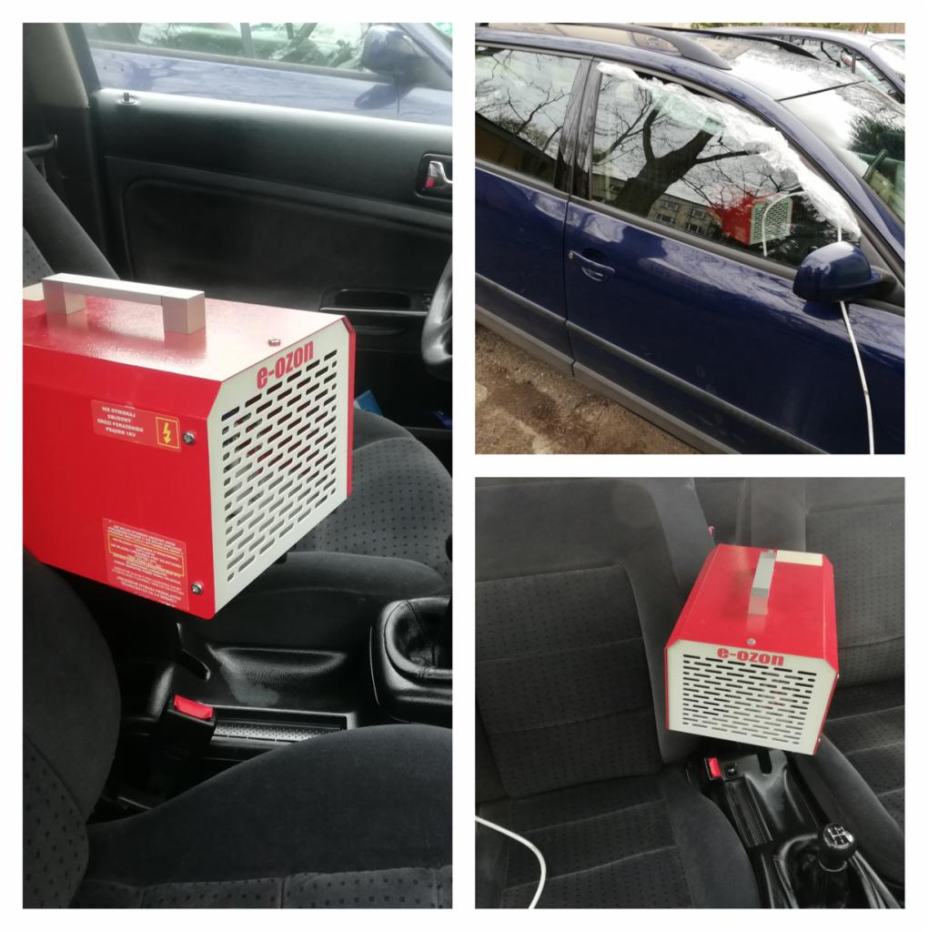 Ozonator e-ozon umieszczony na fotelu samochodowym, widoczne wnętrze pojazdu oraz fragment karoserii na zewnątrz.