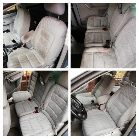 Cztery ujęcia wnętrza samochodu z szarą tapicerką foteli przed i po czyszczeniu, widoczne różnice w czystości materiału.