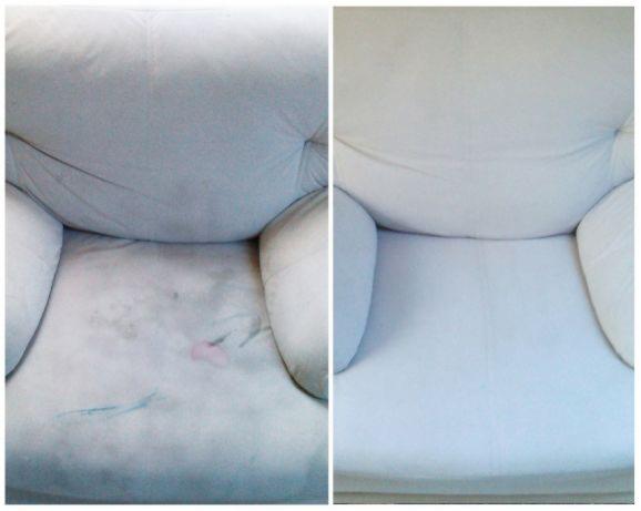 Biała, pluszowa kanapa: widok przed i po czyszczeniu, ukazujący różnicę w kolorze i usunięciu plam.