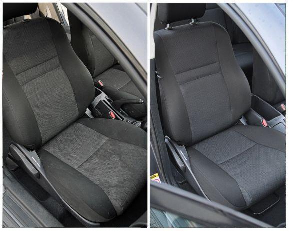 Porównanie: Fotel samochodowy po lewej stronie z widocznymi plamami, po prawej ten sam fotel po czyszczeniu, tapicerka odzyskała jednolity, ciemnoszary kolor.