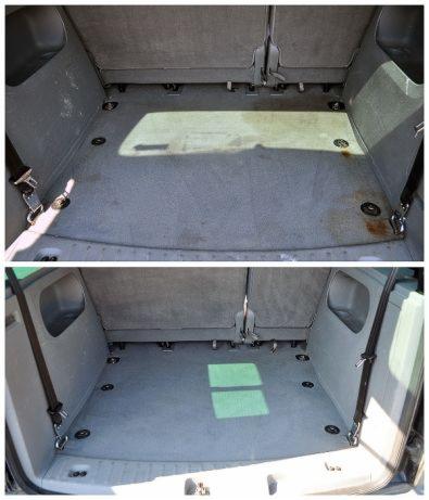 Porównanie bagażnika samochodu przed i po czyszczeniu, widoczne różnice w zabrudzeniach na wykładzinie i bokach.