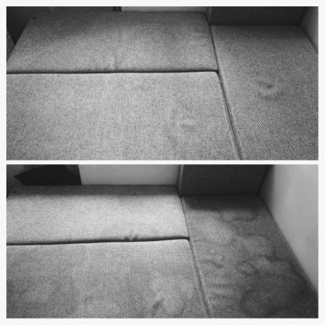 Zdjęcie czarno-białe przedstawia fragment narożnika obitego szarą tkaniną, podzielone na dwie części: górna pokazuje plamę na siedzisku, a dolna fragment narożnika po czyszczeniu, z widocznym...