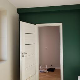 DIMAX SPÓŁKA Z OGRANICZONĄ ODPOWIEDZIALNOŚCIĄ - Świeżo pomalowane, ciemnozielone ściany w pokoju z otwartymi, białymi drzwiami i widoczną instalacją elektryczną wewnątrz pomieszczenia.