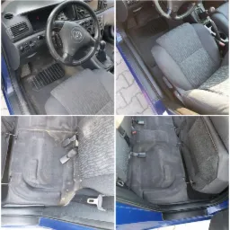 Kolaż przedstawiający wnętrze niebieskiego samochodu przed i po czyszczeniu tapicerki: widoczne siedzenia, dywaniki i podłoga z widocznymi plamami i zabrudzeniami, a następnie czyste i odświeżone.