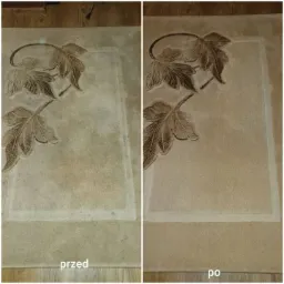 Beżowy dywan z motywem liści, prezentacja stanu przed i po czyszczeniu, widoczne napisy 'przed' i 'po'.