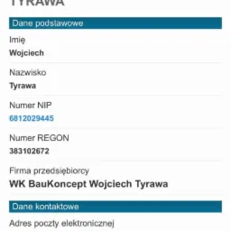 Zrzut ekranu z telefonu przedstawiający stronę Centralnej Ewidencji i Informacji o Działalności Gospodarczej (CEIDG) z danymi firmy WK BauKoncept Wojciech Tyrawa, zawierający imię, nazwisko, NIP...