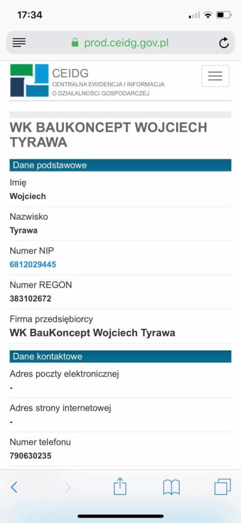 Zrzut ekranu z telefonu przedstawiający stronę Centralnej Ewidencji i Informacji o Działalności Gospodarczej (CEIDG) z danymi firmy WK BauKoncept Wojciech Tyrawa, zawierający imię, nazwisko, NIP...