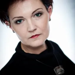 Portret kobiety z krótkimi, ciemnymi włosami, zielonymi oczami i delikatnym makijażem, ubrana w czarny golf i naszyjnik z geometrycznym wisiorkiem na jasnym tle.